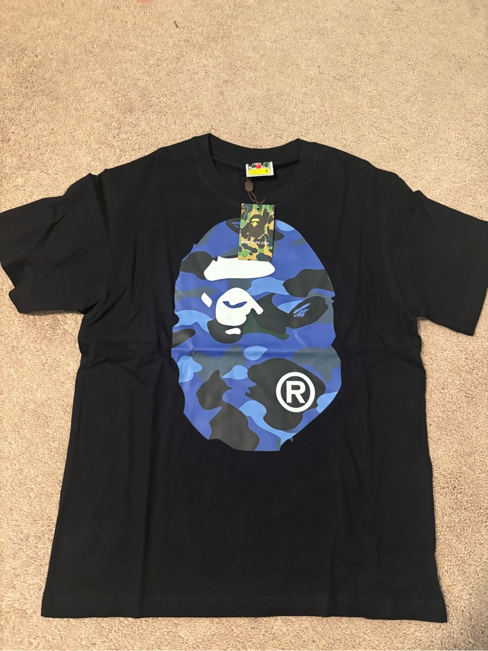 Bape Black Tee with Blue Camo Ape Head